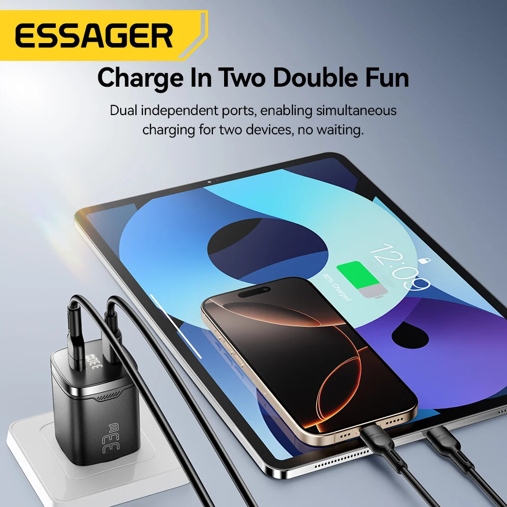 Essager 33W GaN USB Type C Charger Digital Display PD Fast Charging For iPhone 16 15 14 Pro Max iPad Mini 6 Xiaomi Samsung S22