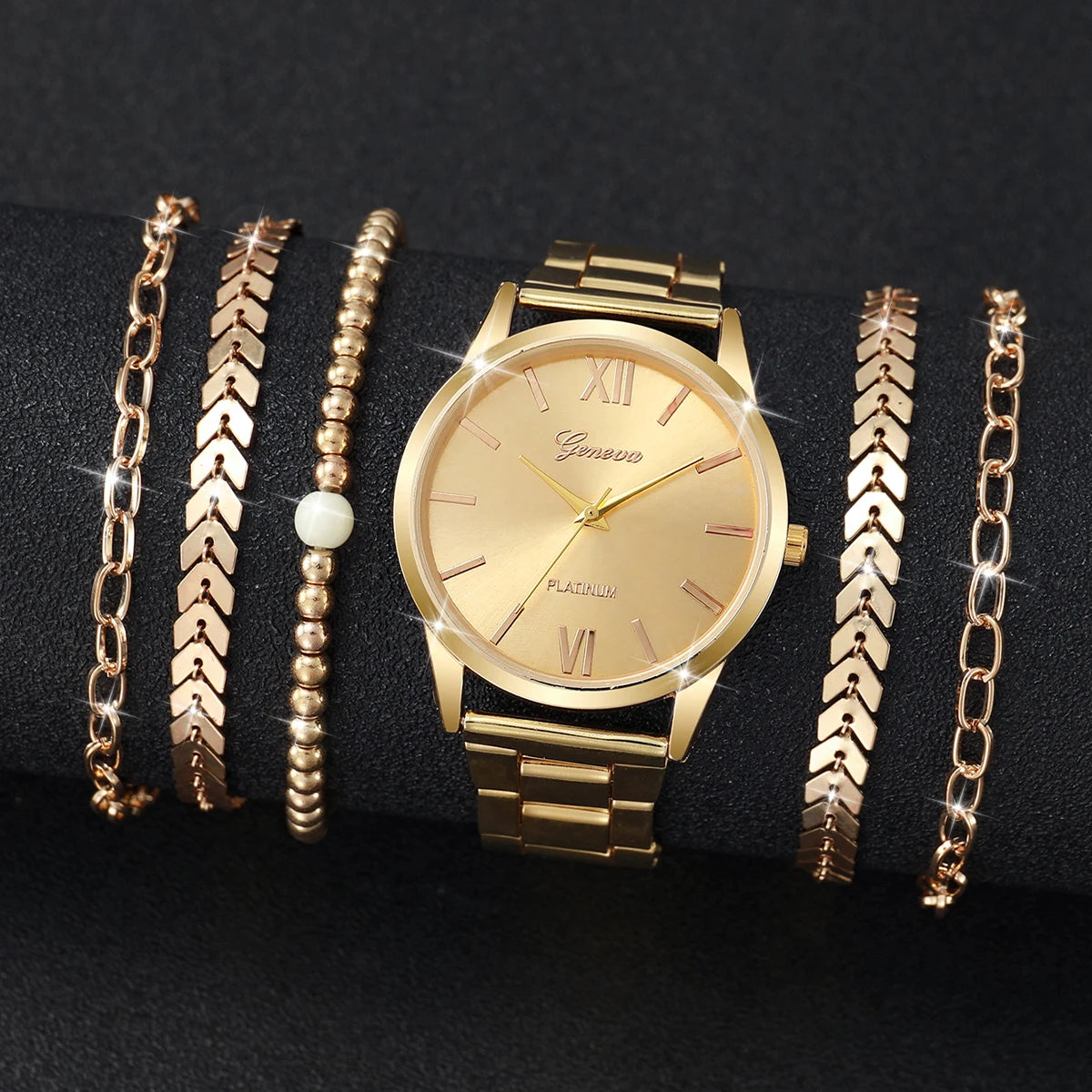 6PCS Women's Watch Fashion Gold Steel Band Quartz Watches Bracelets Set(Without Box)