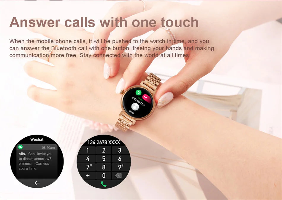 1.04 inch AMOLED Screen Fashion Ladies Smart Watch Screen Always Display Bluetooth Call Smartwatch Metal Body Small Screen Watch