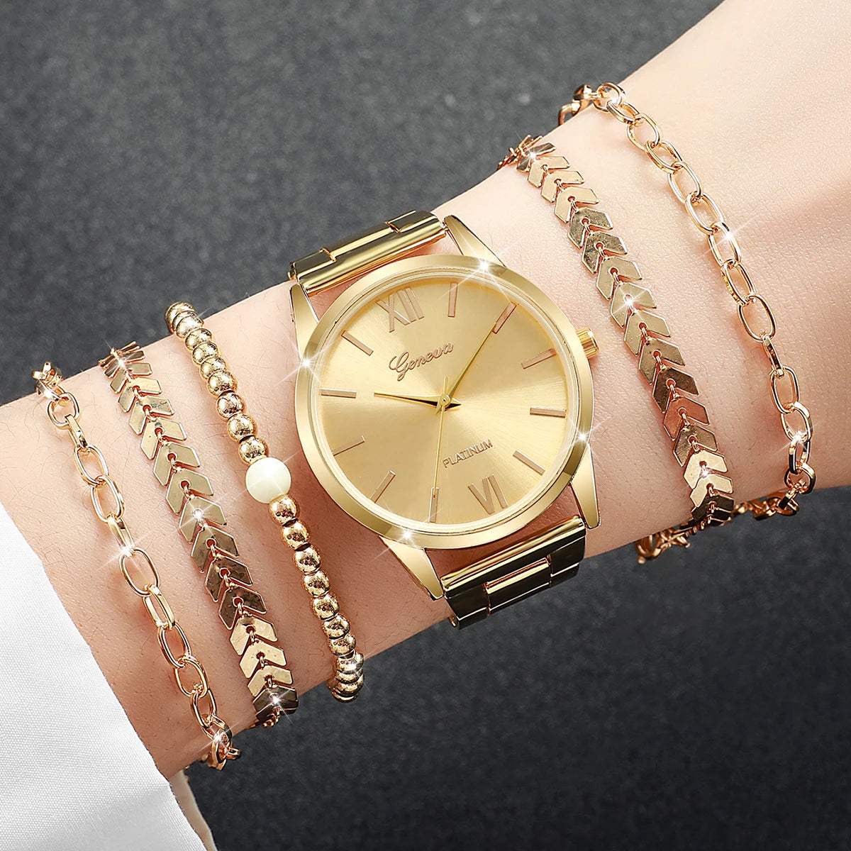 6PCS Women's Watch Fashion Gold Steel Band Quartz Watches Bracelets Set(Without Box)
