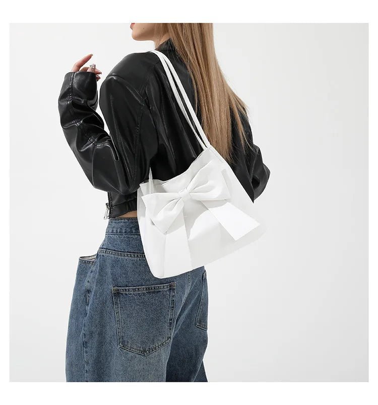 Fashionable Large Capacity Bow Knot Shoulder Bag Cute Kawaii Bow Decor Water Bucket Bag Lightweight Casual Handbag