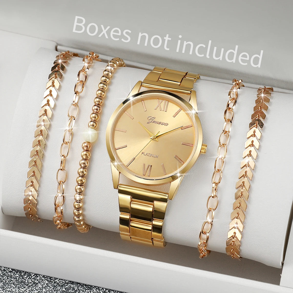 6PCS Women's Watch Fashion Gold Steel Band Quartz Watches Bracelets Set(Without Box)
