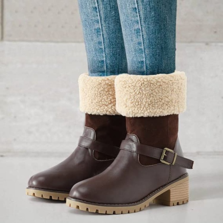 Modische Stiefel mit Schnalle, klobigen Absätzen, warmen Winterstiefeln mit runder Spitze, Westernstiefel für Damen