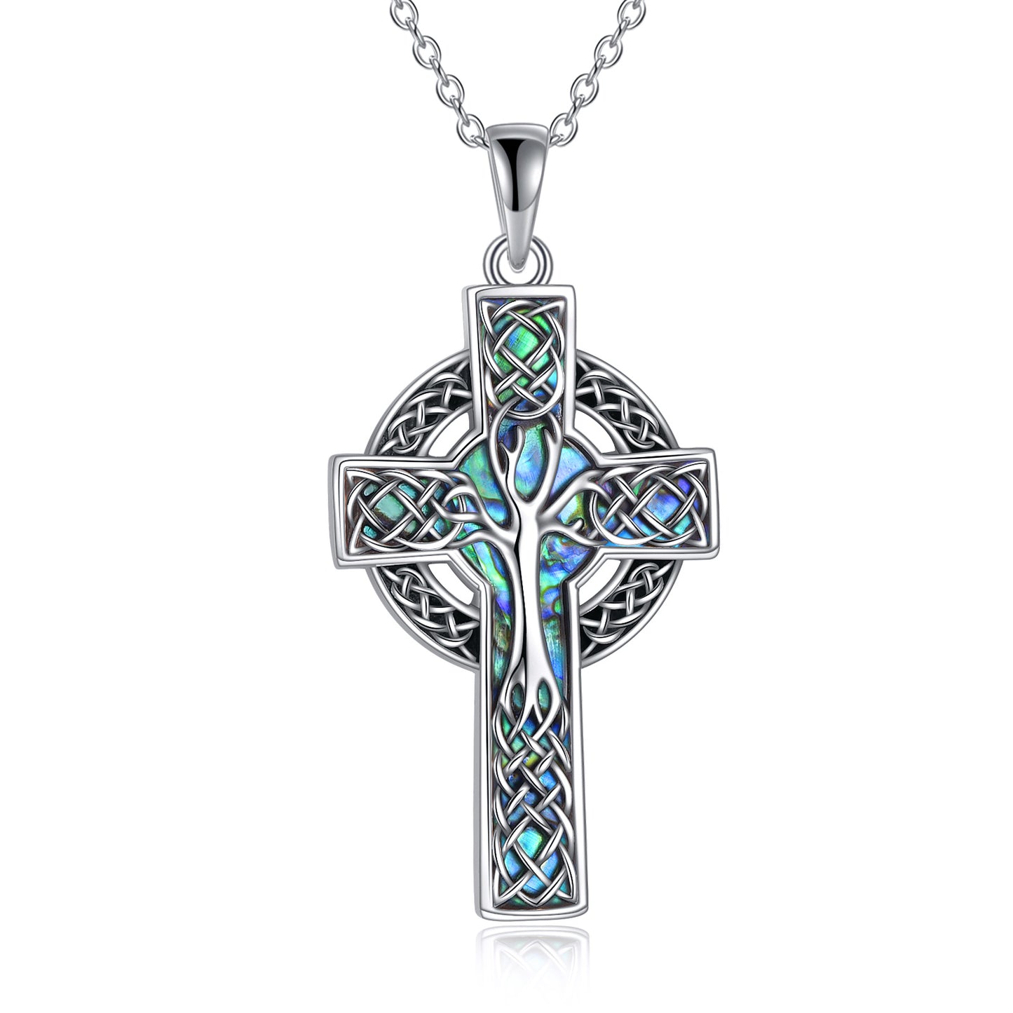 Elegant 925 Sterling Silver Abalone Celtic Cross Pendant Necklace Jew