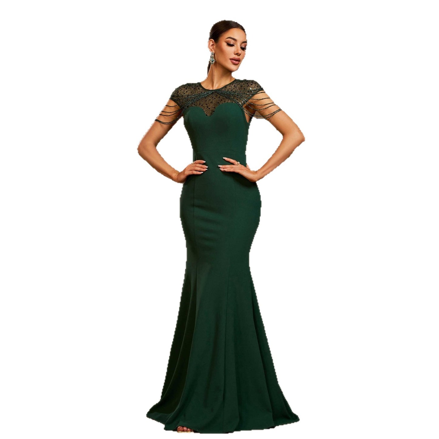 Elegant Sleeveless Round Neck Sequins Slim-fit Sheath Banquet Fishtail Evening Dress