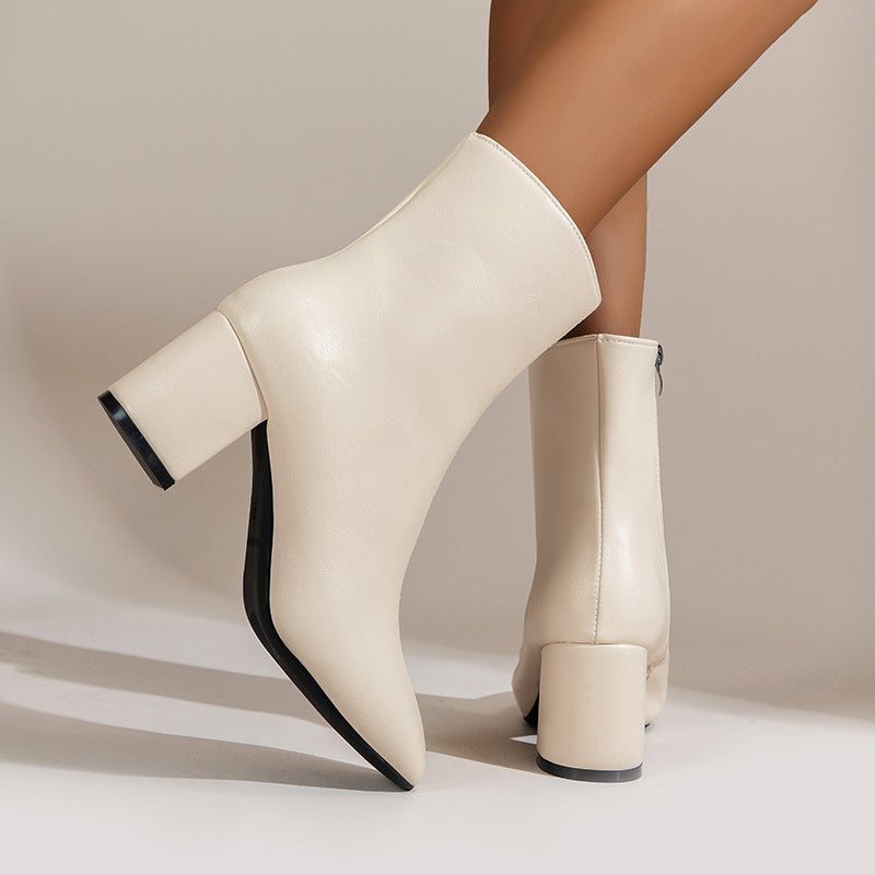 Stiefel mit klobigem Absatz und spitzer Zehenpartie und seitlichem Reißverschluss, modischer Stiefel bis zur Mitte der Wade für Damenschuhe