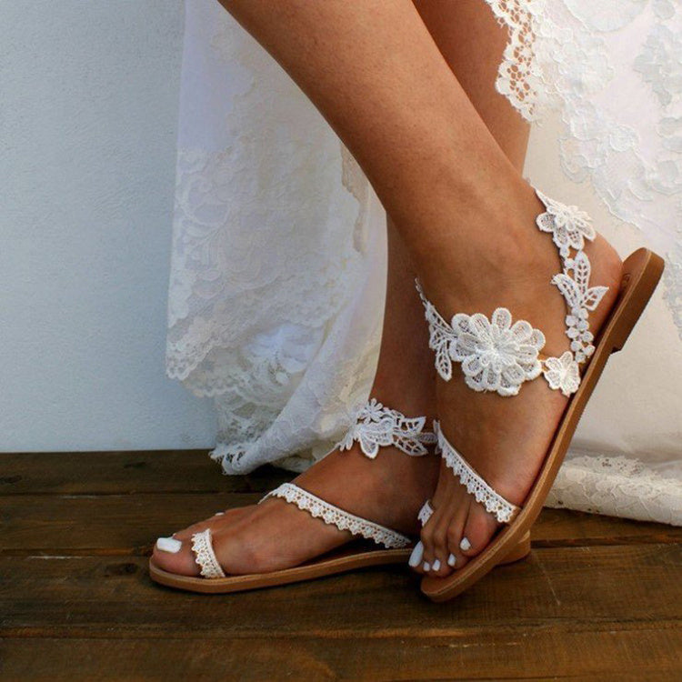 Spitze Sandalen Böhmen Strand Schuhe Blumen Knöchel Riemen Flache Schuhe