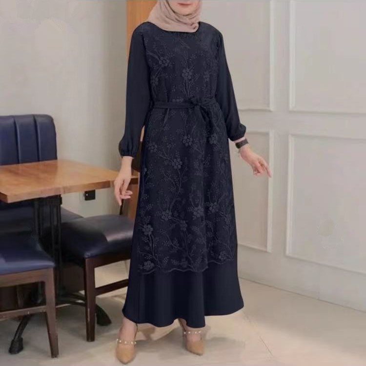 Stylish Muslim Round Neck Lace Floral Dress for Everyday Wear