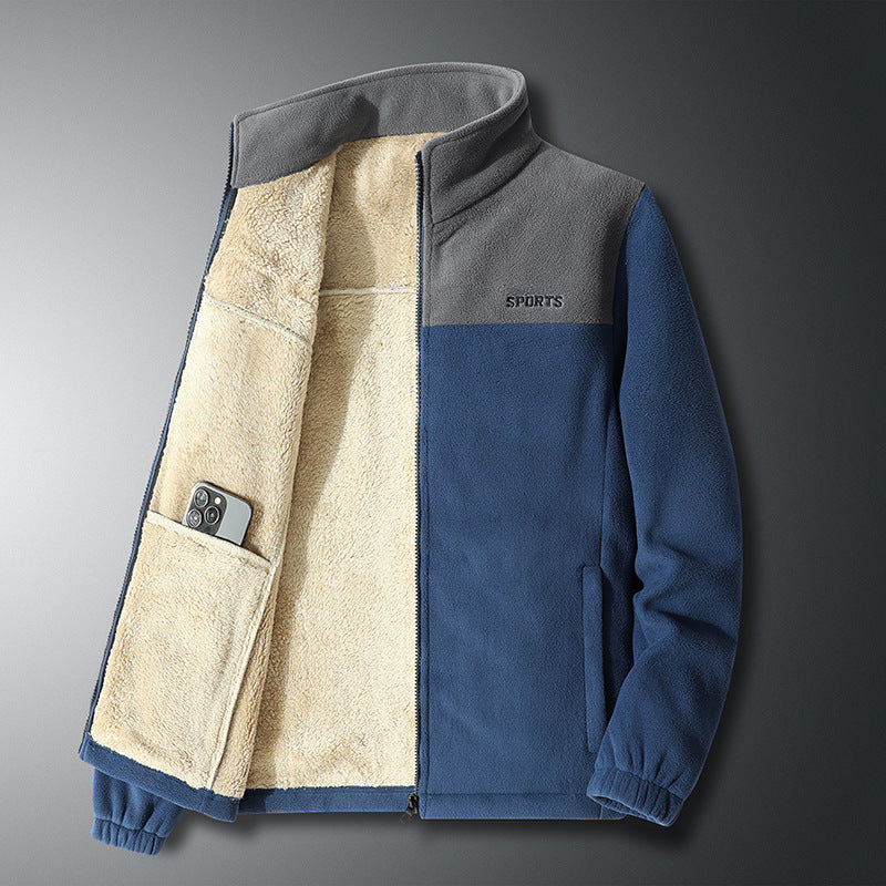 Farbabstimmender Fleece-Pullover für Herren Herbst- und Winterjacke Bestickter dicker Cardigan Doppelseitige Polar-Fleecejacke für Herren
