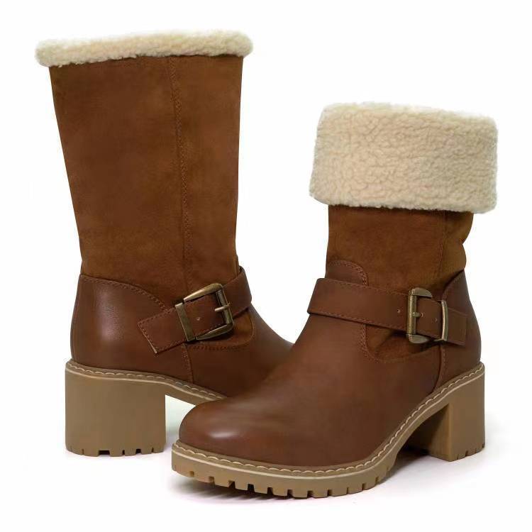 Modische Stiefel mit Schnalle, klobigen Absätzen, warmen Winterstiefeln mit runder Spitze, Westernstiefel für Damen