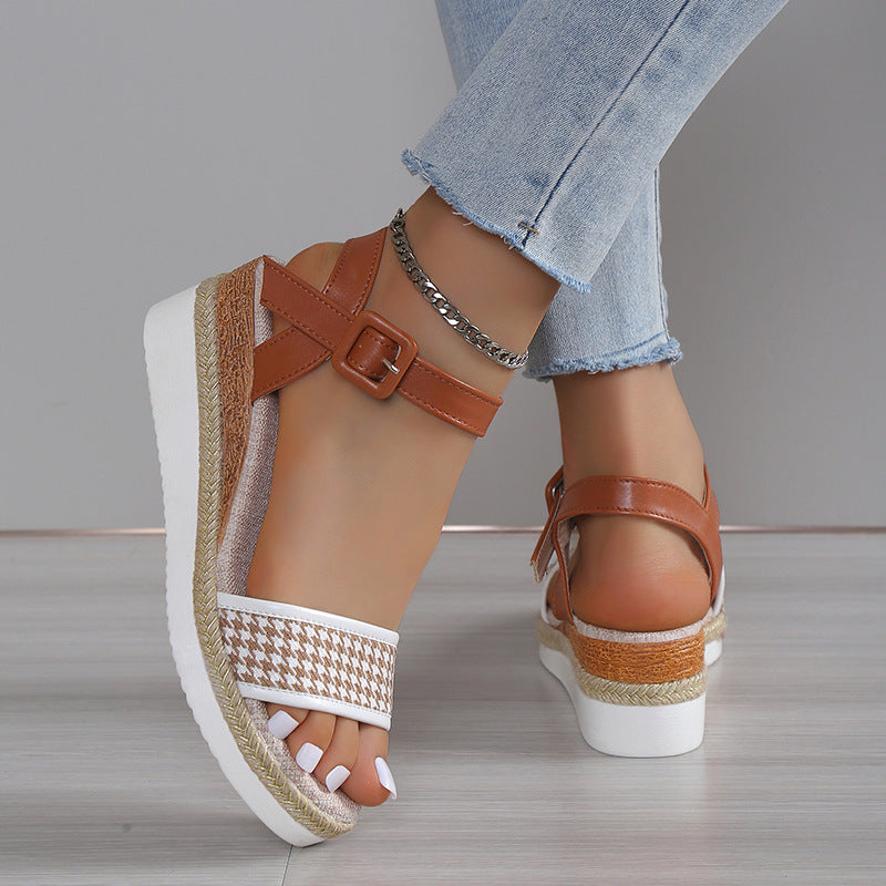 Hahnentrittmuster Sandalen Damen Sommer Schnalle Abendschuhe