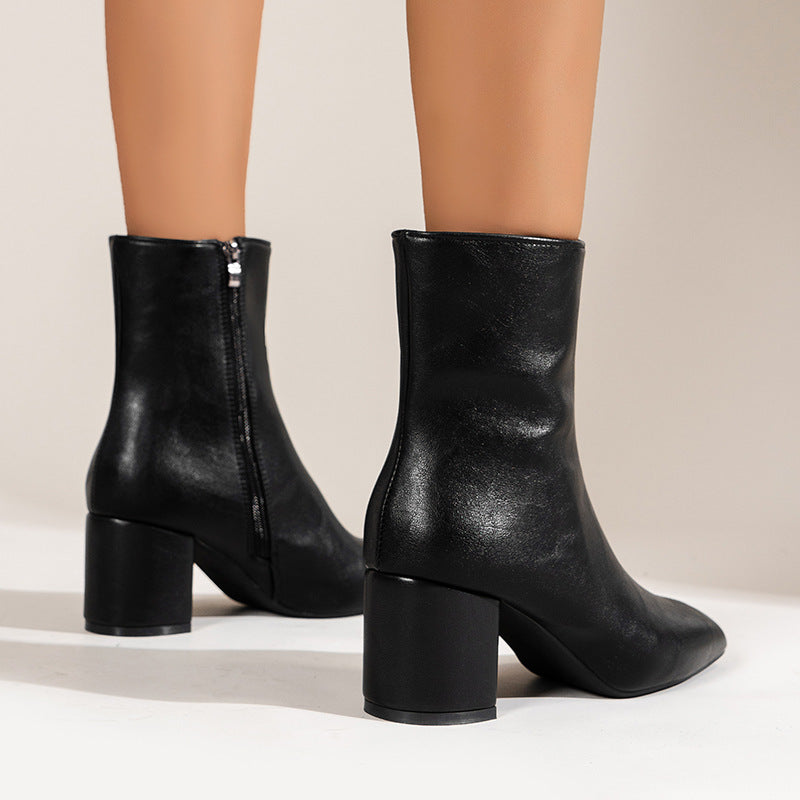 Stiefel mit klobigem Absatz und spitzer Zehenpartie und seitlichem Reißverschluss, modischer Stiefel bis zur Mitte der Wade für Damenschuhe