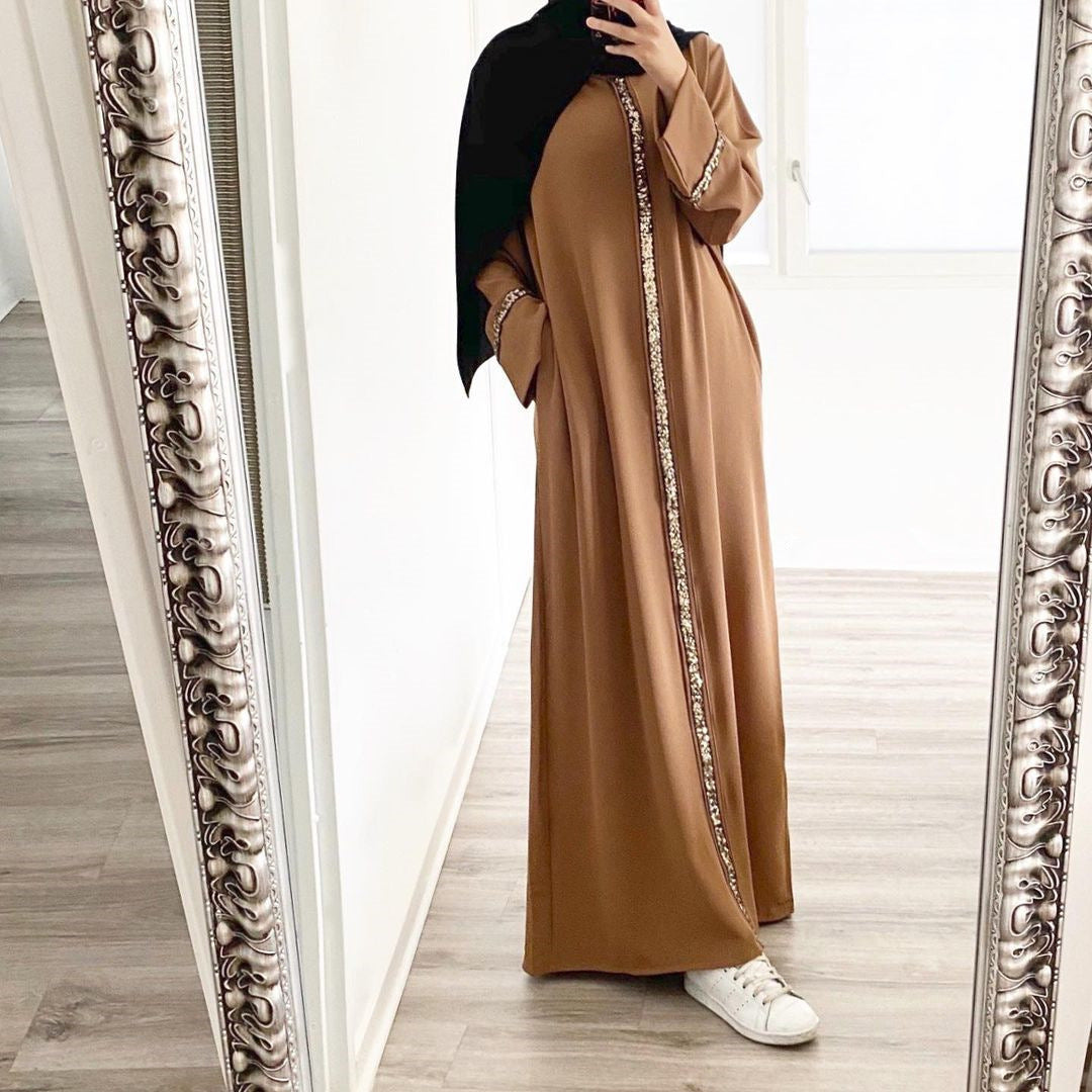 Stylish Muslim Women'S Wear Robe Stitching Trim Sequins Dress for Eve
