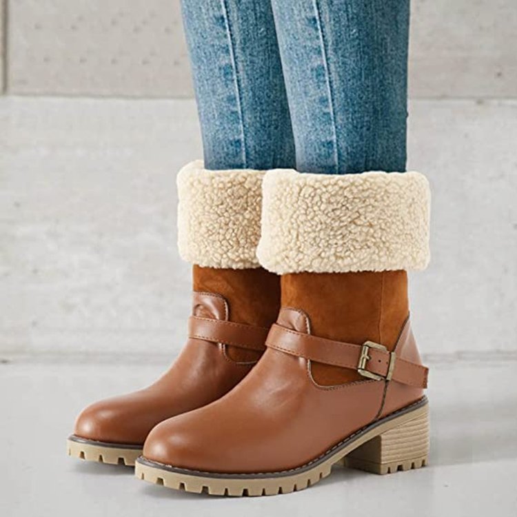 Modische Stiefel mit Schnalle, klobigen Absätzen, warmen Winterstiefeln mit runder Spitze, Westernstiefel für Damen