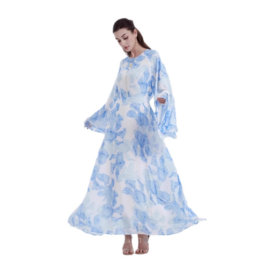 Stylish Muslim Chiffon Printed Bell Sleeve Dress for Everyday Wear
