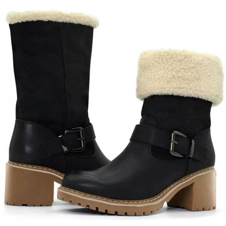 Modische Stiefel mit Schnalle, klobigen Absätzen, warmen Winterstiefeln mit runder Spitze, Westernstiefel für Damen