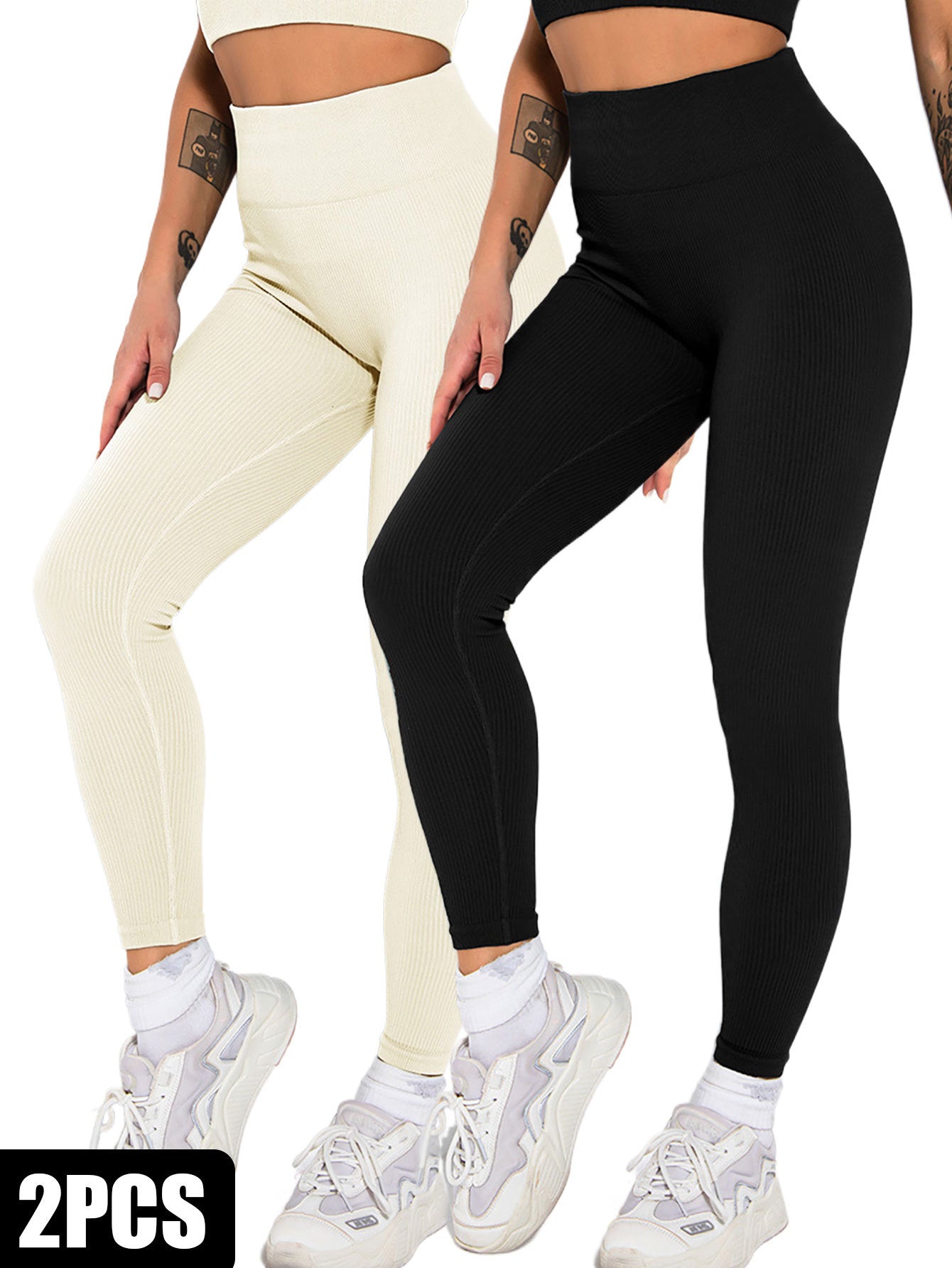 2er-Pack nahtlose gerippte Leggings für Damen, weiche, schlankmachende Yogahosen, gerippte Yogahosen, hohe Taille, Fitnessstudio-Leggings, Sport, Frauen, Fitness, nahtlos, weiblich