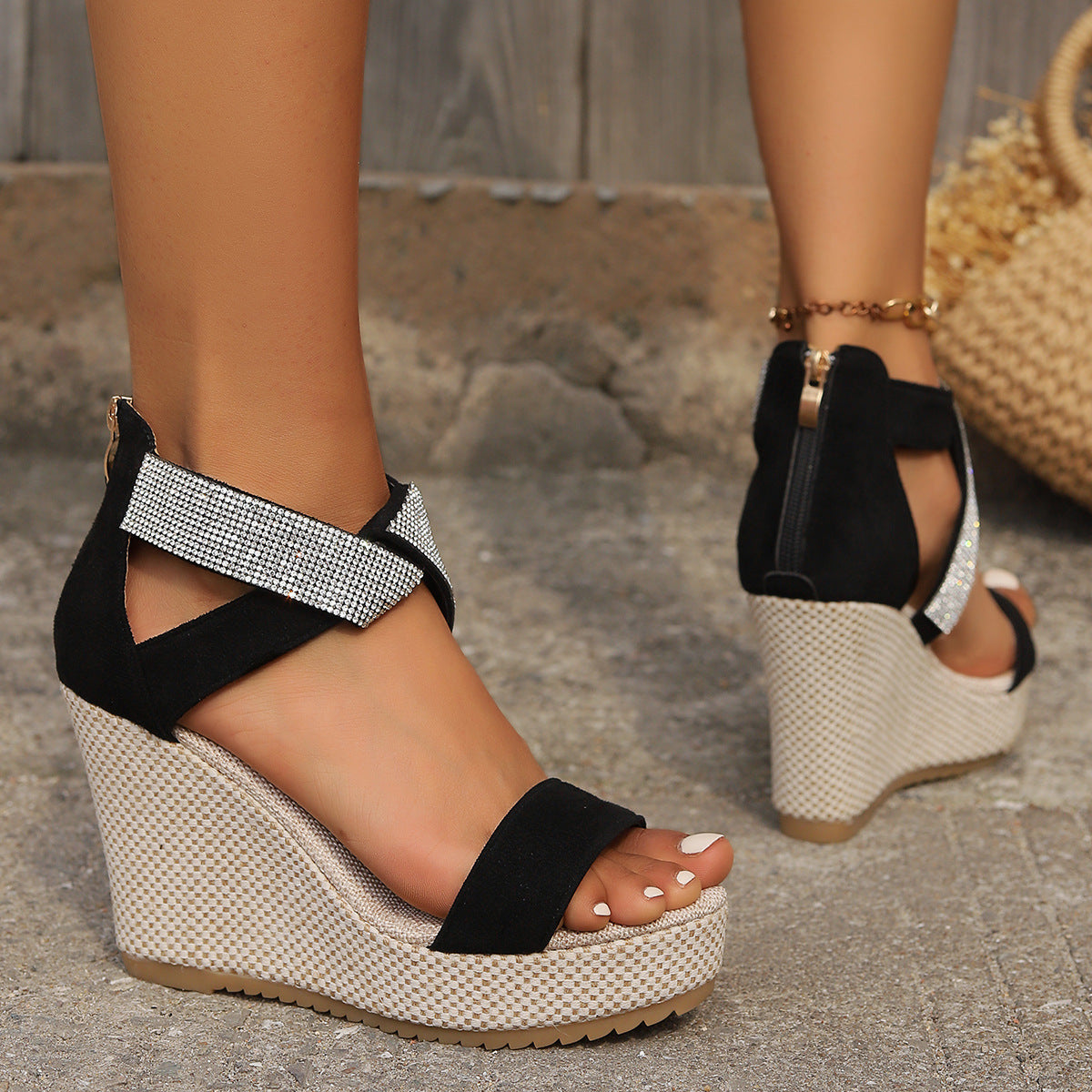 Sandales compensées hautes à strass pour femme, chaussures d'été tendance à plateforme