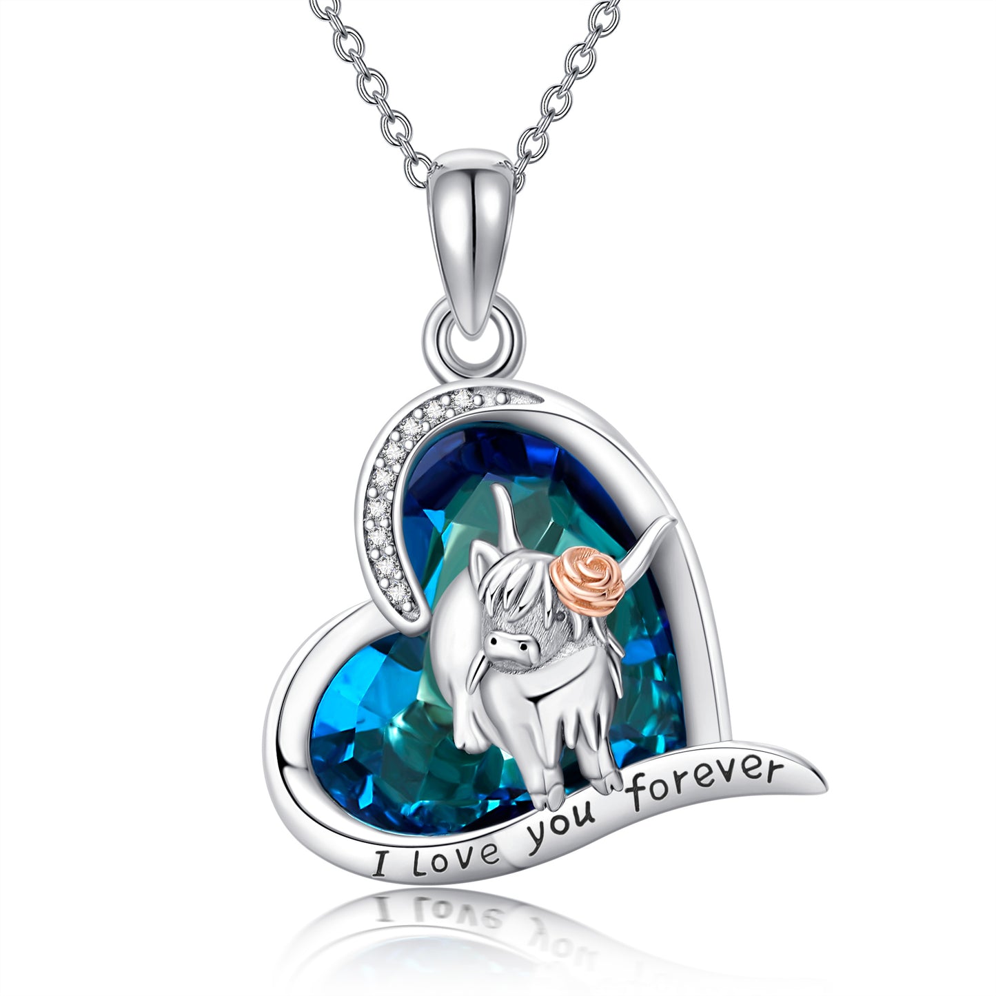 925 Sterling Silber Highland Kuh Blau Kristall Herz Kuh Anhänger Halskette