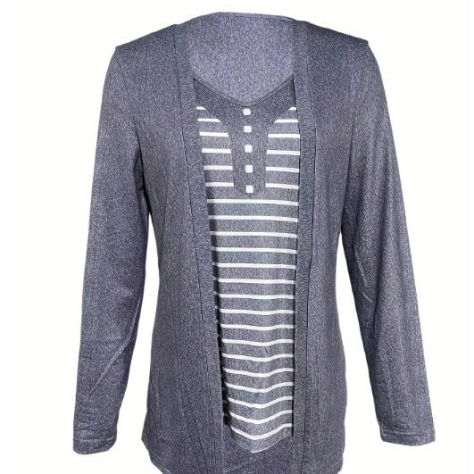 Women's Striped V-neck Fake Two-piece Design Long Sleeved Versatile T-shirt Top