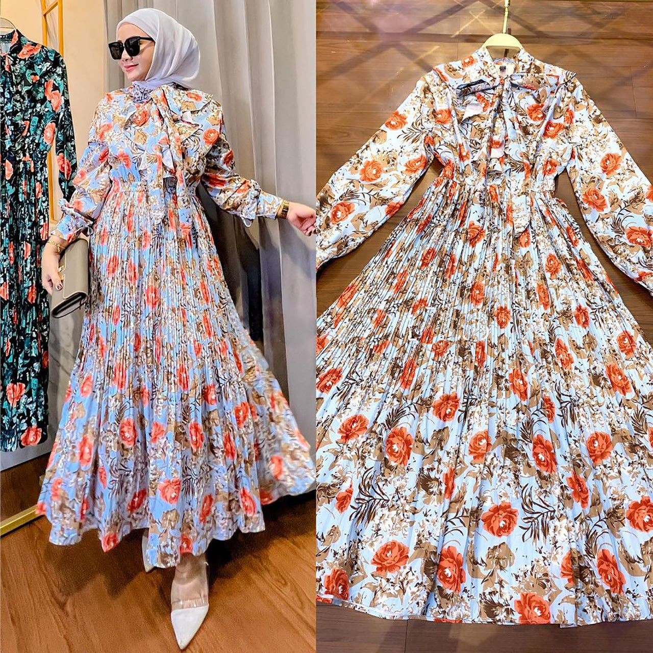 Muslimisches malaiisch-indonesisches bedrucktes Kleid mit Rüschen