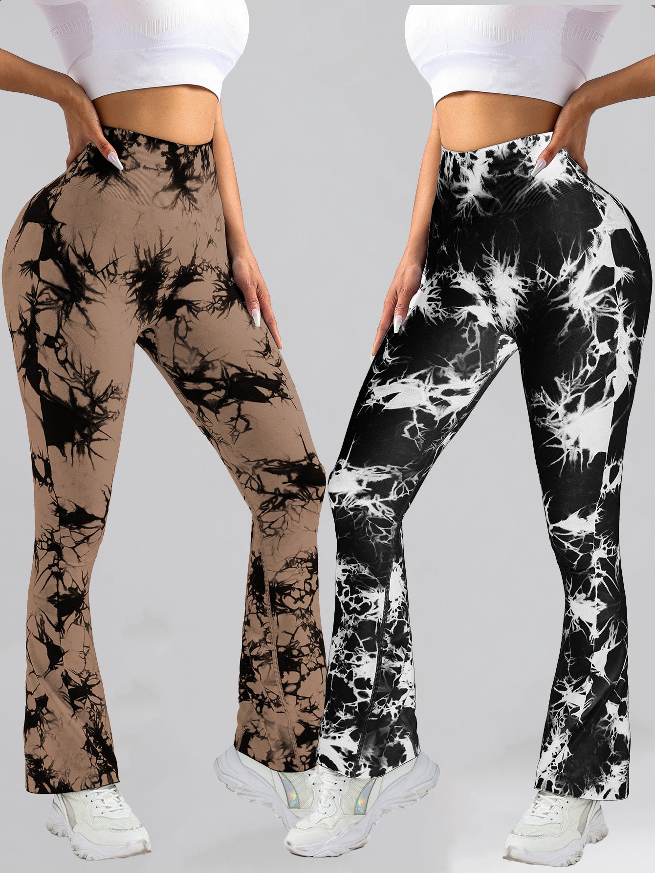 2er-Pack Batik-Leggings mit hoher Taille, ausgestellt, Po-Lifting, Fitness, Sport, Yoga, Schlaghosen für Damen, Workout-Leggings für Damen, nahtlose Leggings zum Kneten des Po-Liftings
