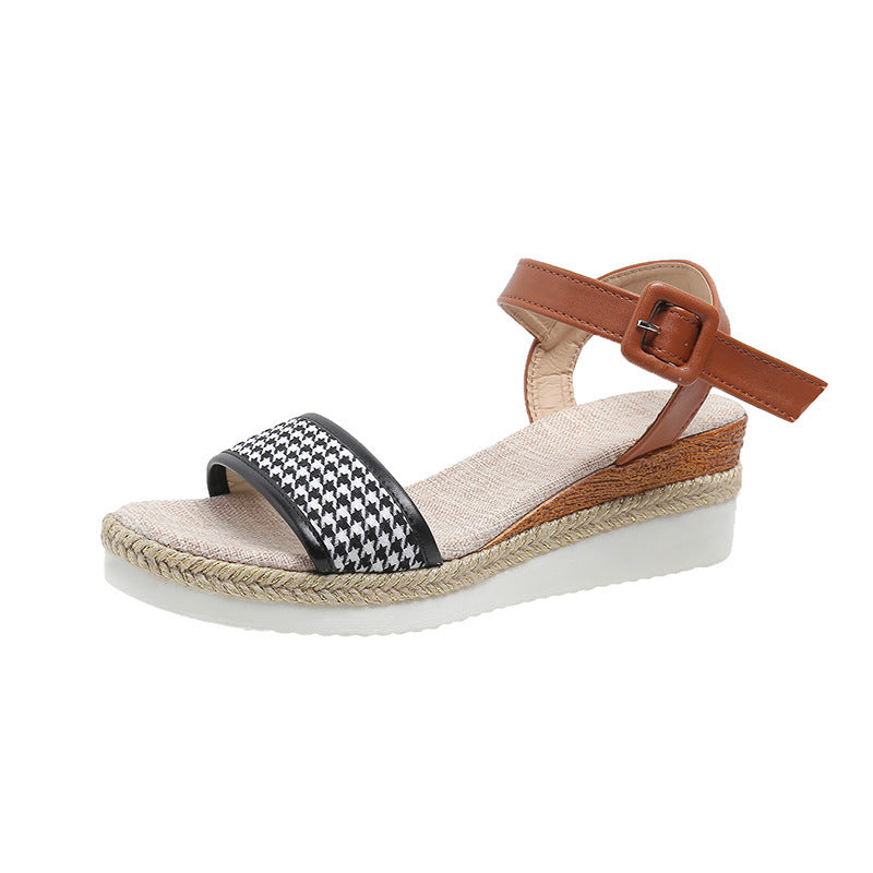 Hahnentrittmuster Sandalen Damen Sommer Schnalle Abendschuhe