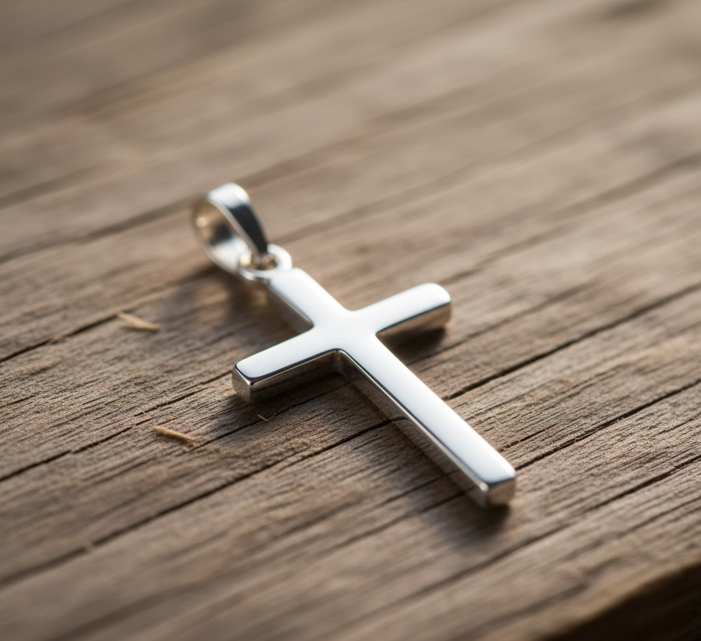 Silver Cross jewerly on wooden table by purelymart