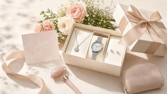 Top birthday gifts for her including jewelry, earrings, watch, beauty accessory, and gift box