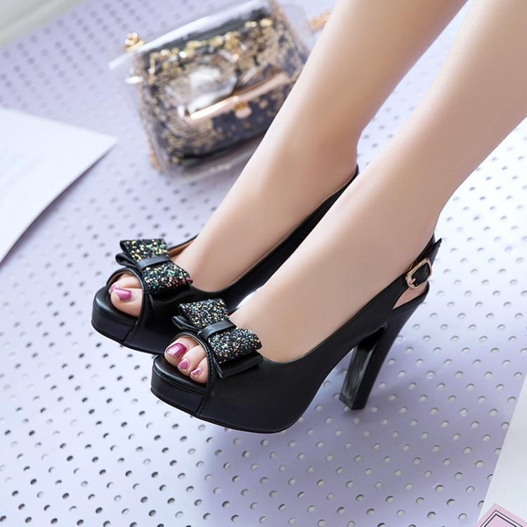 Chic Comfortable Peep Toe Heels — Black Slingback with Glitter Bow | PurelyMart