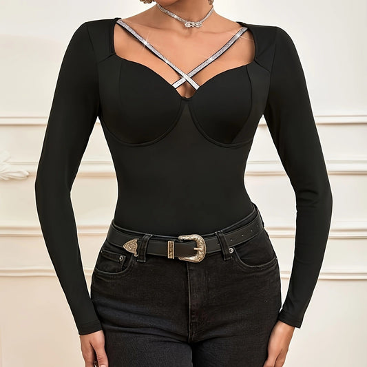 Damen T-Shirt mit V-Ausschnitt und Kreuz-Design, schmale Passform, langärmlig 