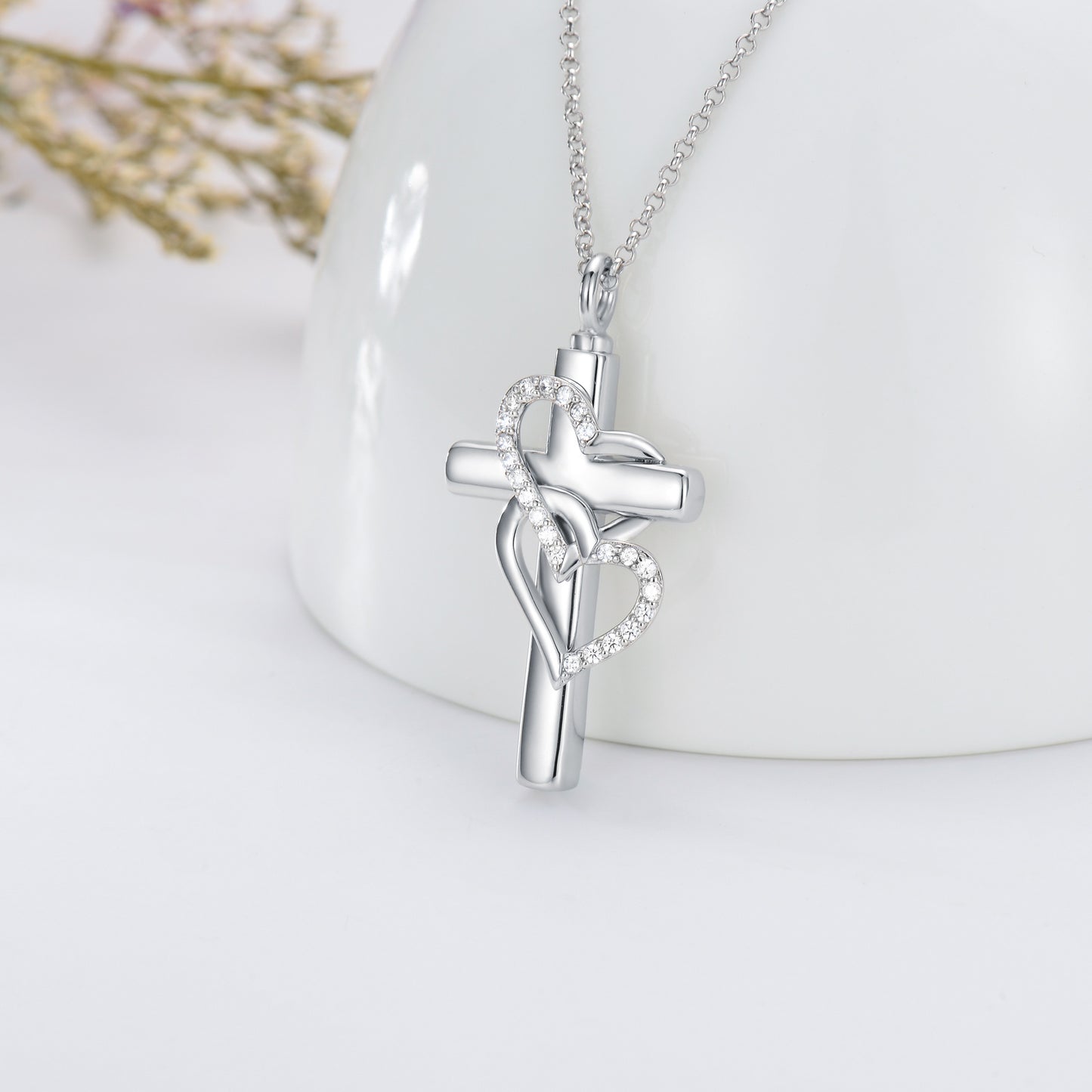Elegant 925 Sterling Silver Cross Urn Necklace For Ashes Heart Memori