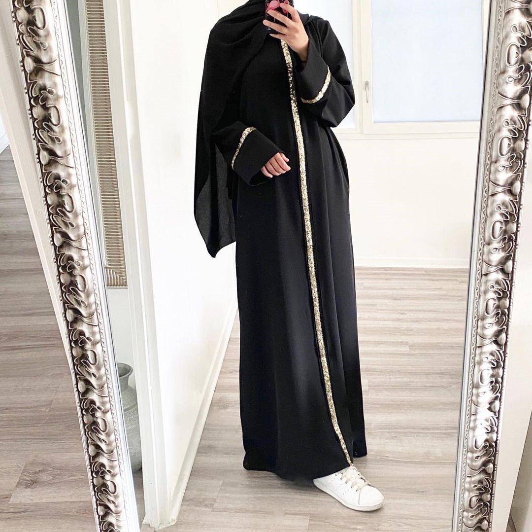 Stylish Muslim Women'S Wear Robe Stitching Trim Sequins Dress for Eve