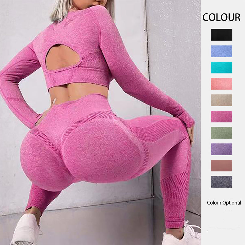 2 pièces Ensembles de sport hauts à manches longues creux et leggings de fitness sans couture taille haute gainante, vêtements de sport pour la gym