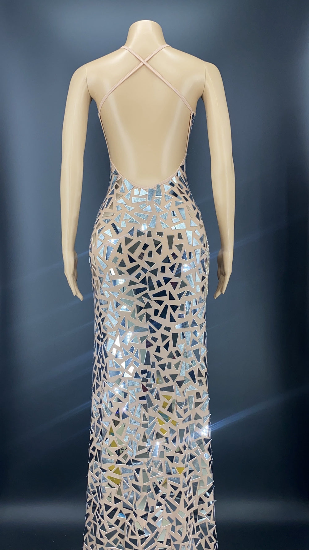 Robe de soirée moulante sexy sans manches, dos nu, avec fente haute et effet miroir scintillant