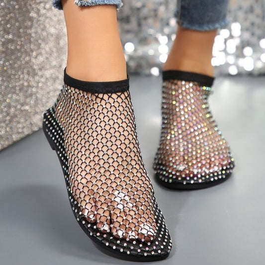 Neue hohle flache Sandalen mit Strass-Design Sommermode runde Zehenschuhe für Frauen