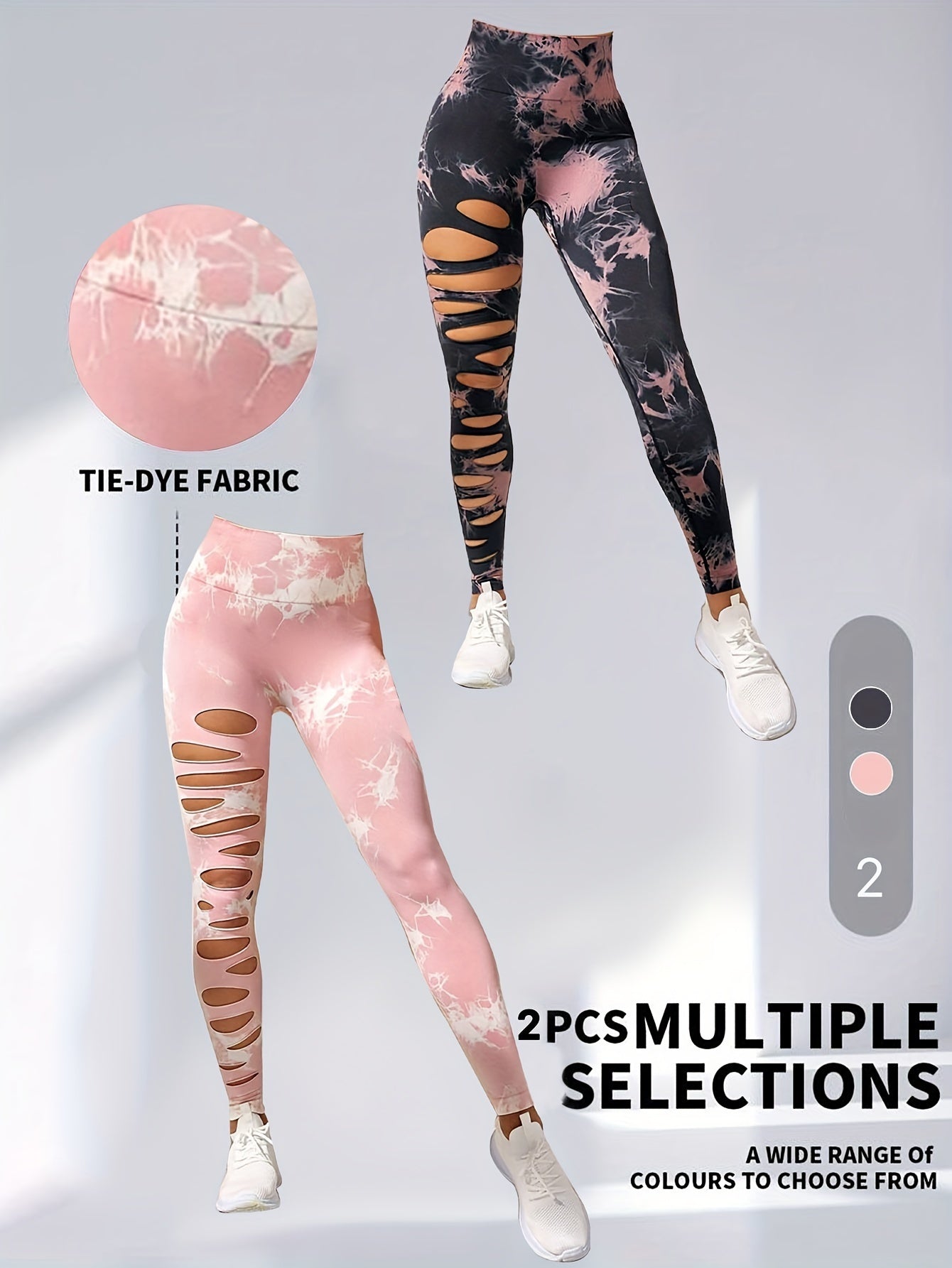2er-Pack hohle, sexy, hochelastische Damen-Strumpfhosen mit Batikmuster und Ausschnitten, hohe Taille, Workout-Yoga-Leggings, elastische Scrunch-Po-Lifting-Hose, Bauchkontrolle, Po-Lifting, Workout-Yoga-Sporthose