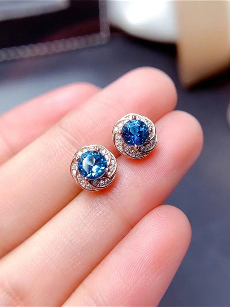 Stylish New Sapphire Natural London Blue Topaz Flower Stud Earrings f