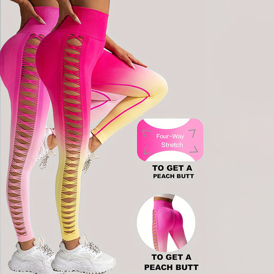 2er-Pack ausgeschnittene Ombre-Farbverlaufsfarben, hohle, hoch taillierte Po-Lifting-Fitness-Yogahosen für Damen, hoch taillierte Yogahosen für Damen mit Aussparungen, zerrissen, superweich und bequem, schmal