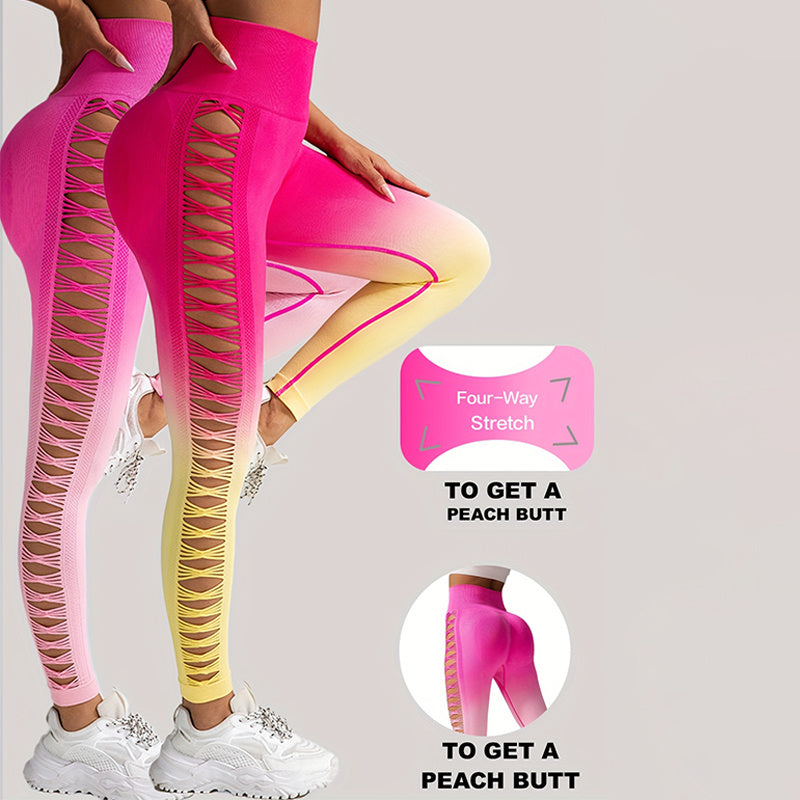 2er-Pack ausgeschnittene Ombre-Farbverlaufsfarben, hohle, hoch taillierte Po-Lifting-Fitness-Yogahosen für Damen, hoch taillierte Yogahosen für Damen mit Aussparungen, zerrissen, superweich und bequem, schmal