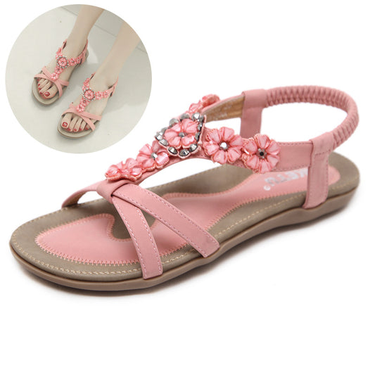 Sandalen Damen Bohemian Blumen Strass Flats Strandschuhe