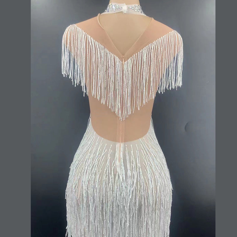 Nouvelle Déesse du Vent Robe à Paillettes avec Glands et Perles, Ornements de Perles et Strass, Design de Luxe.