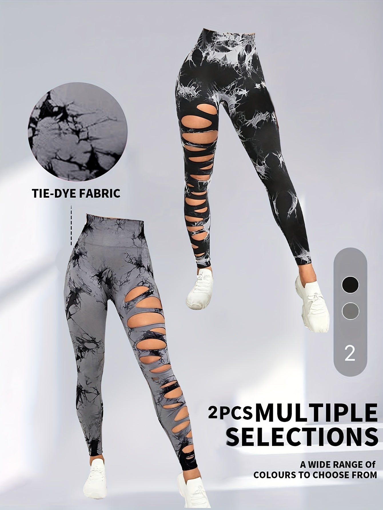 2er-Pack hohle, sexy, hochelastische Damen-Strumpfhosen mit Batikmuster und Ausschnitten, hohe Taille, Workout-Yoga-Leggings, elastische Scrunch-Po-Lifting-Hose, Bauchkontrolle, Po-Lifting, Workout-Yoga-Sporthose