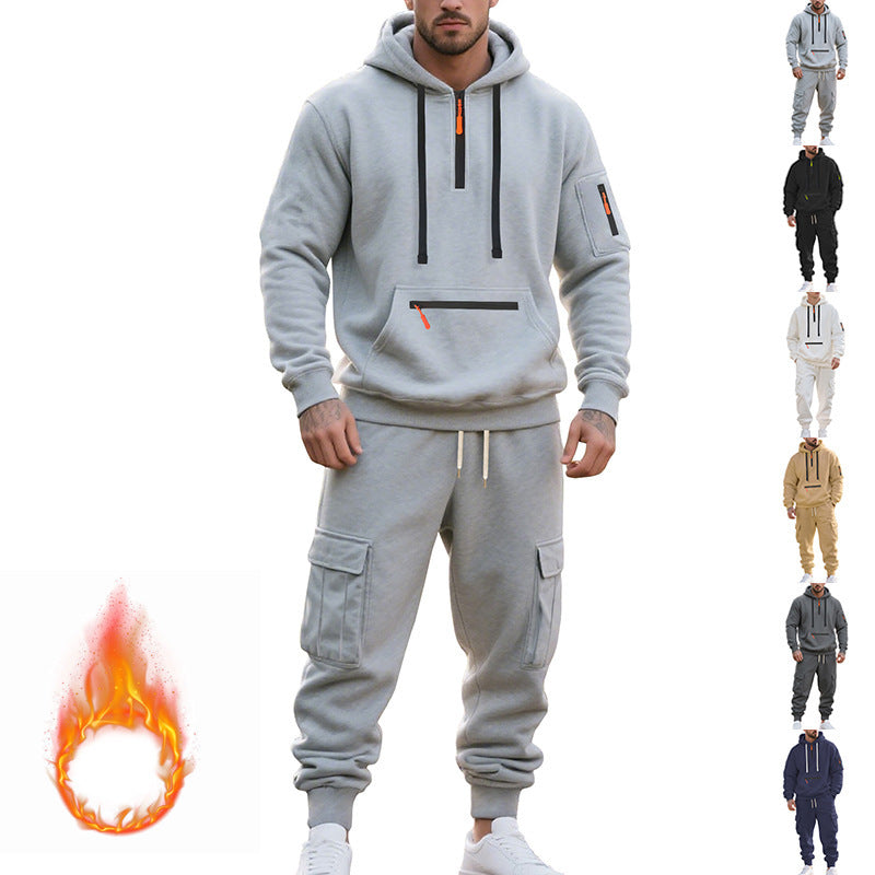 Ensemble de sport et de loisirs ample pour homme – Pull à capuche doublé en polaire avec fermeture éclair, plusieurs poches, haut de sport décontracté pour homme, ensemble deux pièces