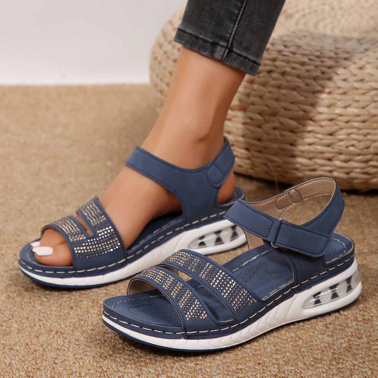 Sandales compensées d'été à strass pour femmes, chaussures de sport décontractées à coussin d'air, chaussures de plage, sandales romaines