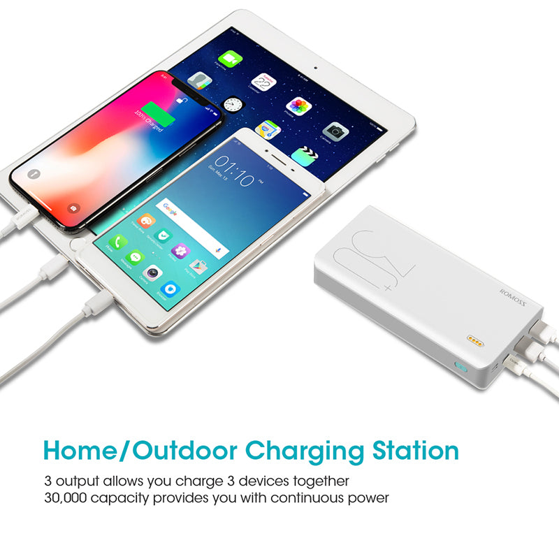 Banque d'alimentation externe portable ROMOSS Sense 8+ de 30000 mAh avec charge rapide bidirectionnelle QC pour téléphones et tablettes