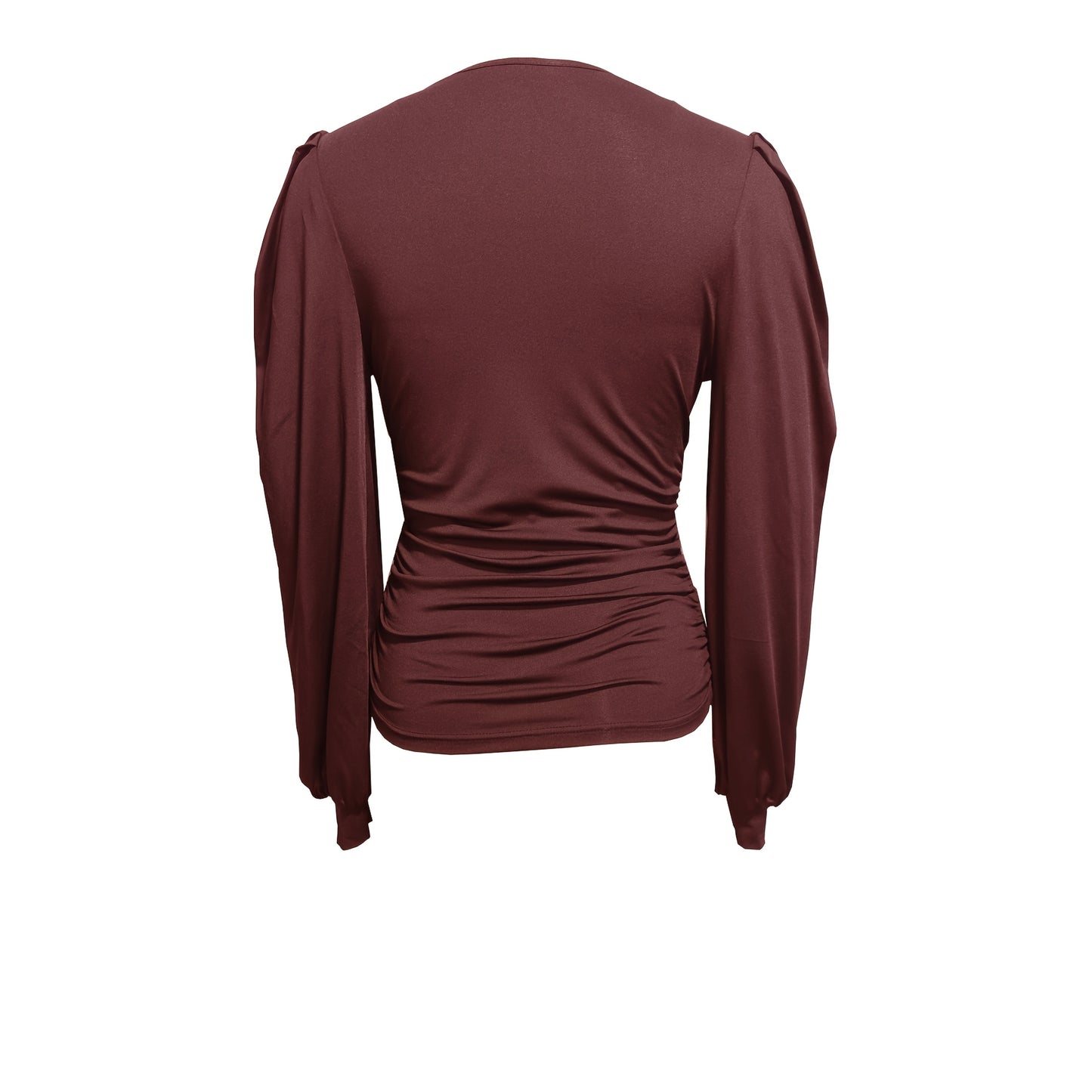 Lässiges, einfarbiges, plissiertes Langarm-T-Shirt mit V-Ausschnitt für Damen 