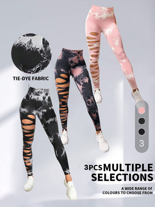 3er-Pack Damen-Strumpfhosen mit Batikmuster und Cutout, hohe Taille, Workout-Yoga-Leggings, elastische Scrunch-Po-Lifting-Hose, Yoga-Hose mit hoher Taille und Cutout, zerrissene Bauchkontrolle, Workout, Laufen, Yoga, Skinny-Leggings