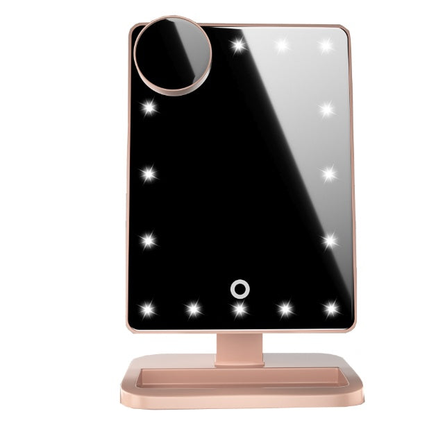 Kosmetikspiegel mit Touchscreen, 20 LED-Lichtern, Bluetooth-Musiklautsprecher, 10-facher Vergrößerungsspiegel und Beleuchtung