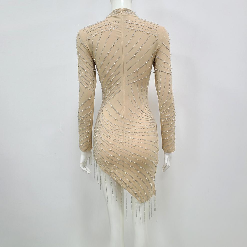 Heavy Industry Perlen Strass Stretch-Seitennaht Quasten Kurzarmkleid